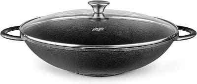 Panela Wok TVT 36 cm 6,0 litros Ferro Fundido com Tampa de Vidro Mta